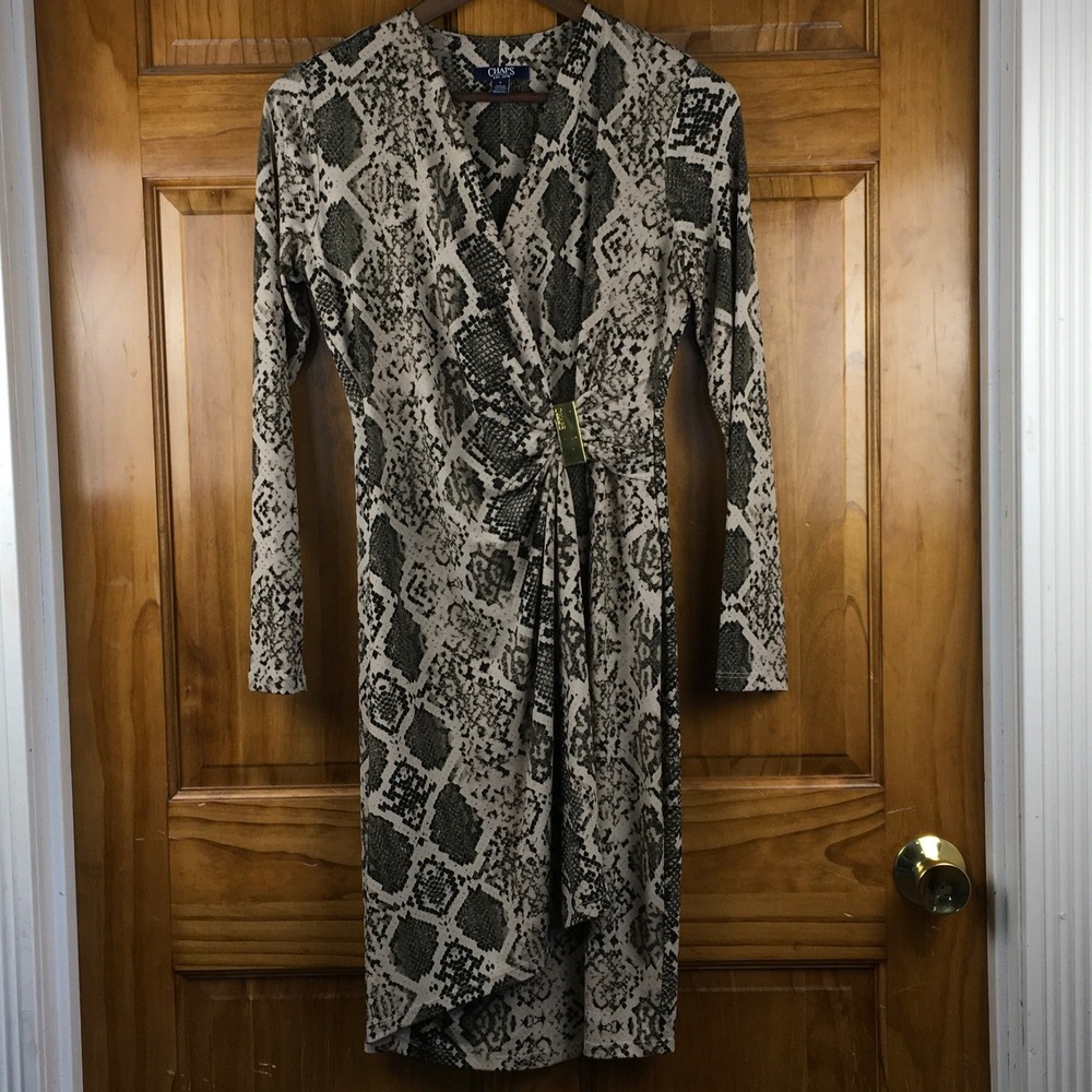 Chaps Womens Sz 4 Snakeskin Print Faux Wrap Dress Long Sleeve Mobwife Bodycon